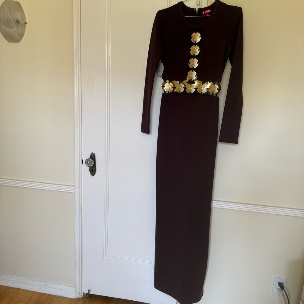 STAUD Delphine Embellished Cutout Maxi Dress New dark chocolate